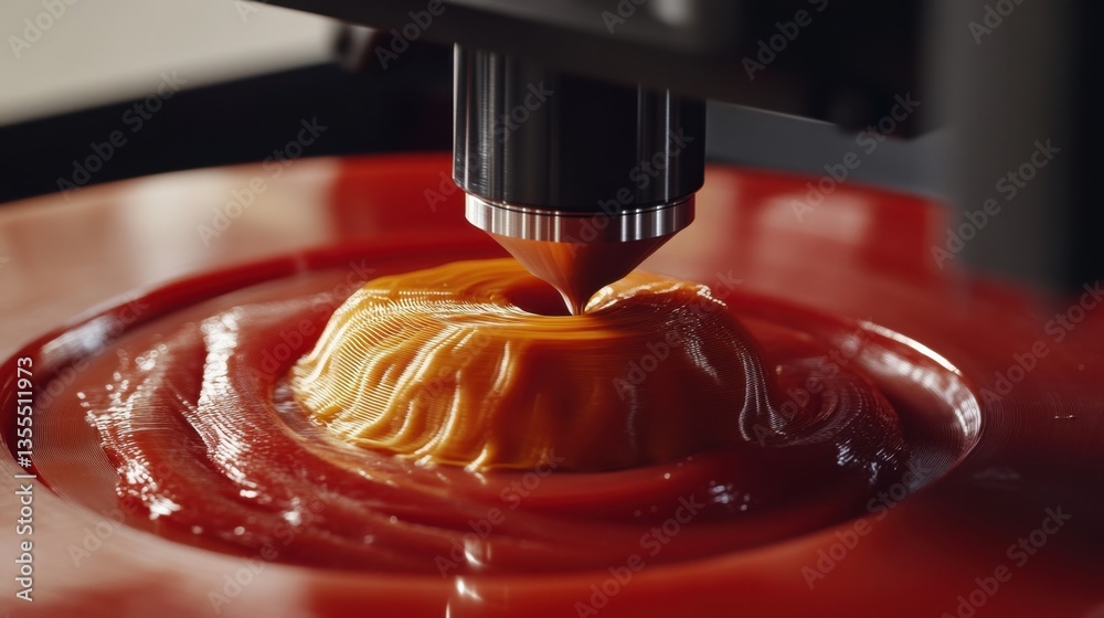 Poster a close-up of a high-speed d printer layering filament precisely on a deep ruby red backdrop.