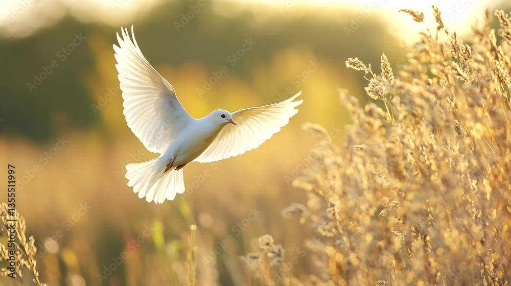 Poster graceful white dove in flight captured against a beautiful golden sunset backdrop with soft lighting