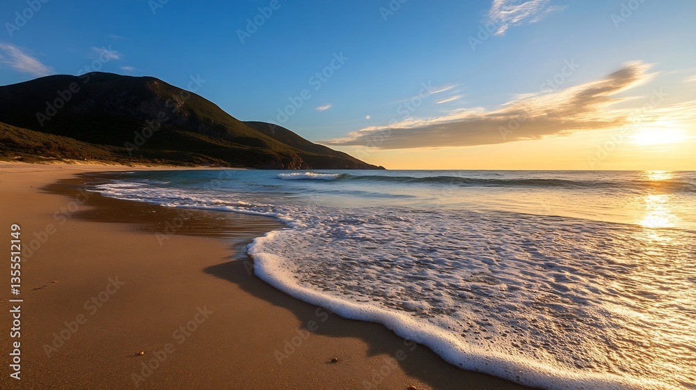 Poster serene beach at sunset with gentle waves and hills in the background perfect for relaxation : genera