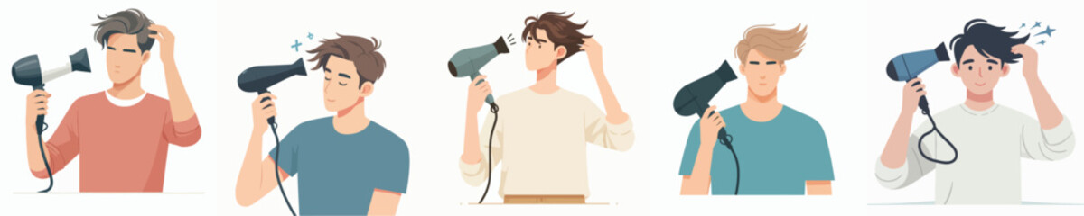 vector of young man using hairdryer