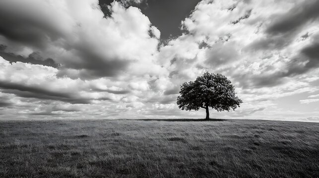 Solitary tree on a grassy hill under a dramatic black and white cloud filled sky : Generative AI