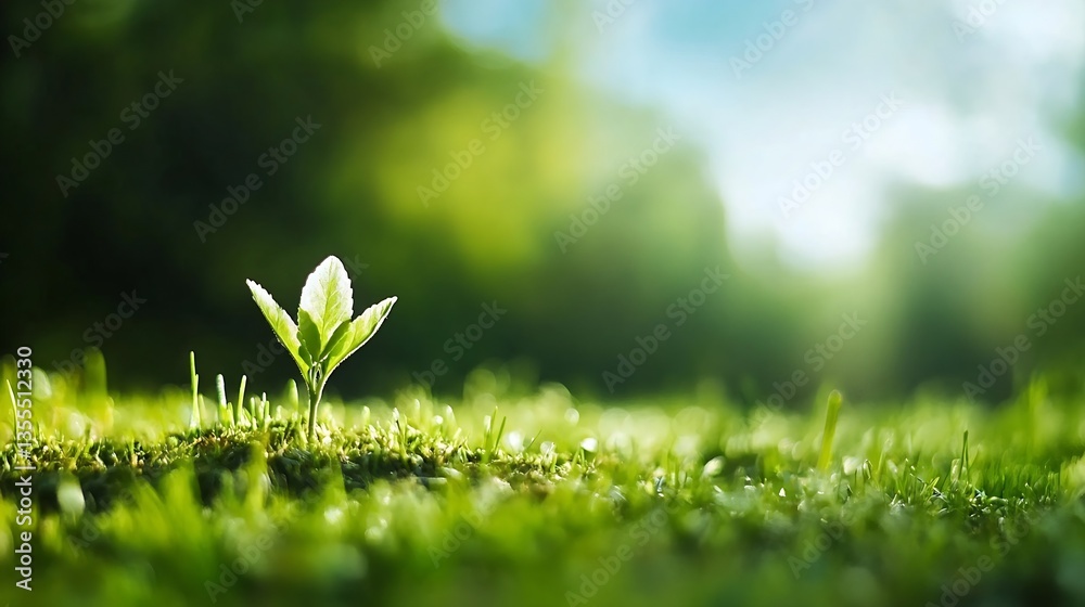 Poster Delicate sprout emerging from soil representing new life and nature's resilience in a lush setting : Generative AI