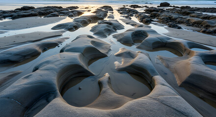 Fototapeta premium Coastal Rock Formations at Low Tide Create Serene Water Pools