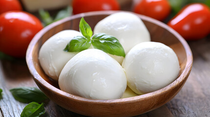Fresh Buffalo Mozzarella Balls with Basil Leaves Served in a Wooden Bowl Surrounded by Red Tomatoes