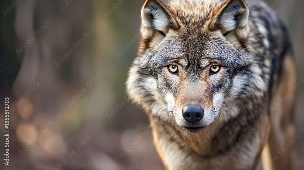 Poster majestic wolf gazing directly into the camera showcasing its wild beauty and sharp features : genera
