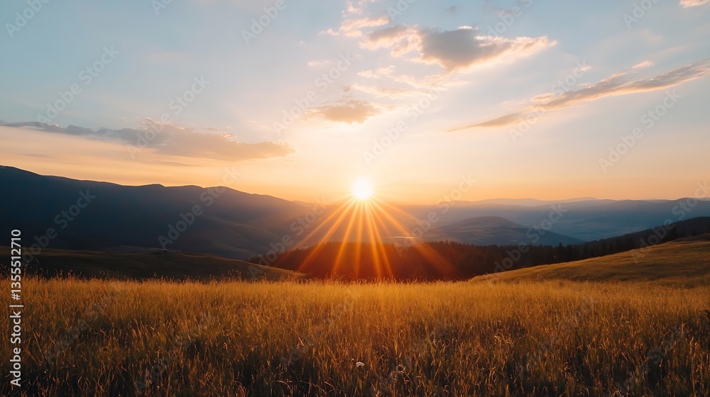 Poster Breathtaking view of the sun setting over a vast mountain range with golden rays illuminating the scenic landscape : Generative AI
