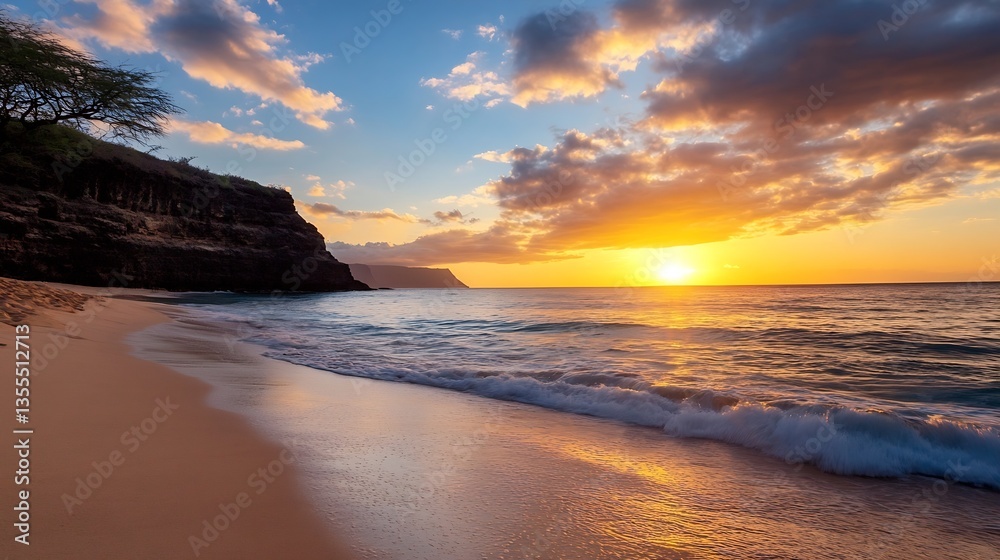 Poster breathtaking sunset lighting up the beach and cliffs with gentle waves lapping the shore : generativ