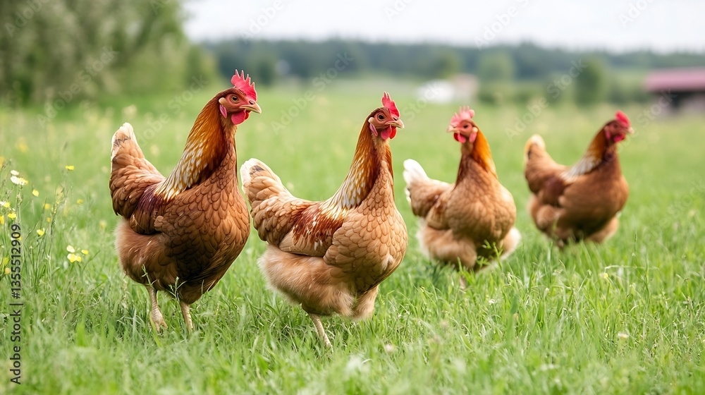 Aufkleber four lively chickens roaming freely in a lush green field under a cloudy sky : generative ai