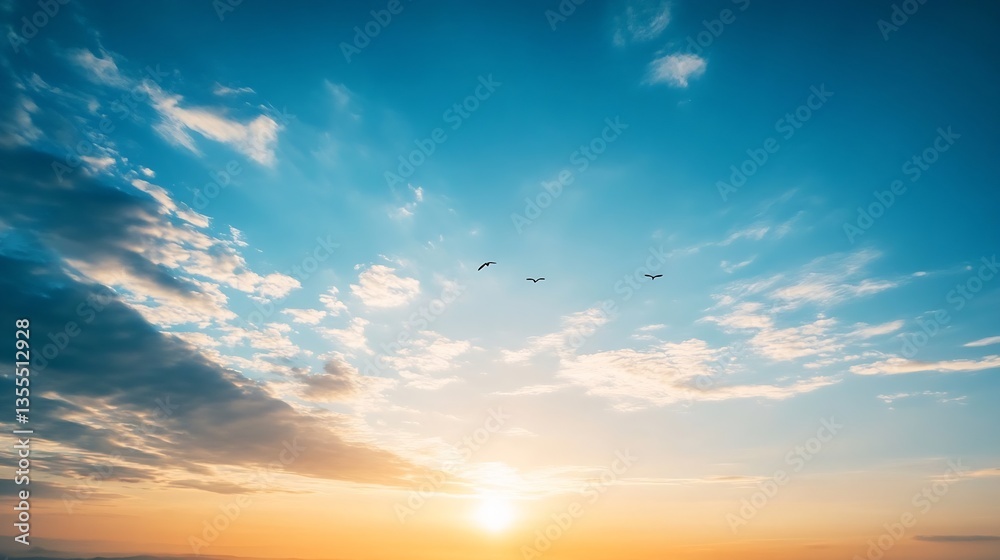 Aufkleber Vibrant Sunset Sky Overlapping with Fluffy Clouds and Birds in Flight : Generative AI