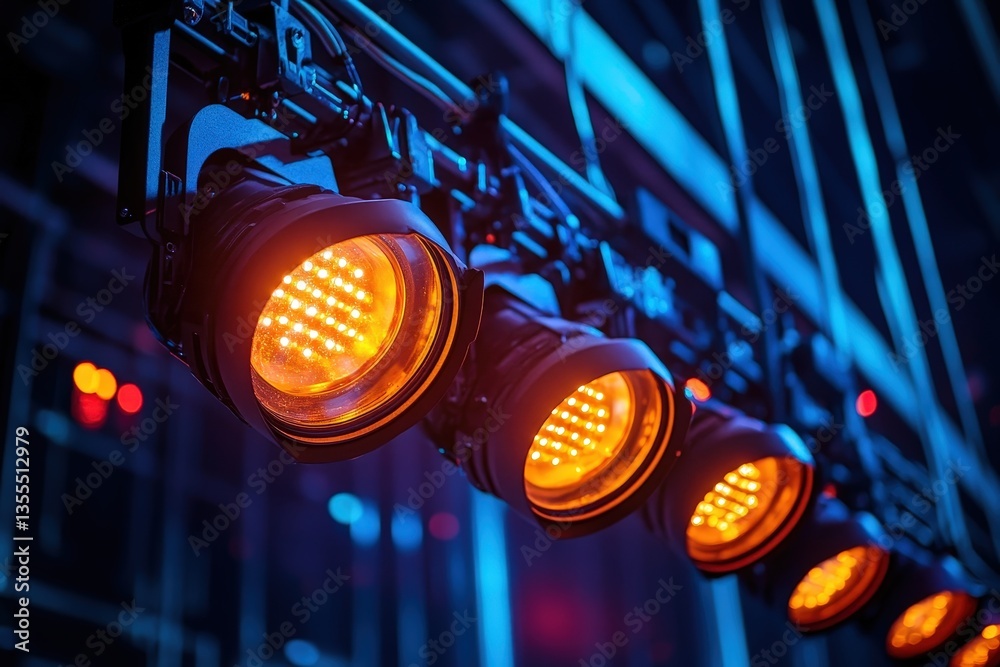 Poster Lighting equipment illuminates a dynamic stage setup in a performance venue with vibrant red and orange hues during an evening event