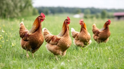 Four lively chickens roaming freely in a lush green field under a cloudy sky : Generative AI