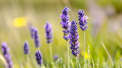 Obraz premium Vibrant Lavender Blossoms in a Sunny Meadow Surrounded by Soft Green Grass and Colorful Wildflowers : Generative AI