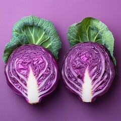Obraz premium Purple cabbage isolate. Red cabbage. Healthy vegetable cabbage. Half, division, fractions, mathematics.