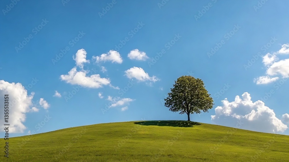 Poster solitary tree on a rolling hill with a bright blue sky dotted with fluffy clouds creating a peaceful