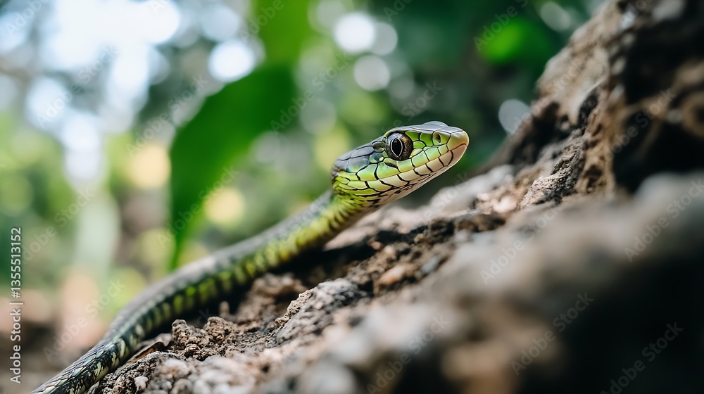 Poster close up of a vibrant green snake resting on the ground in natural habitat : generative ai