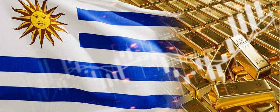 Gold bars with Uruguay flag. Chart simply precious metals stocks. National foreign-exchange reserve banking economy system. Golden reserve. 3d image