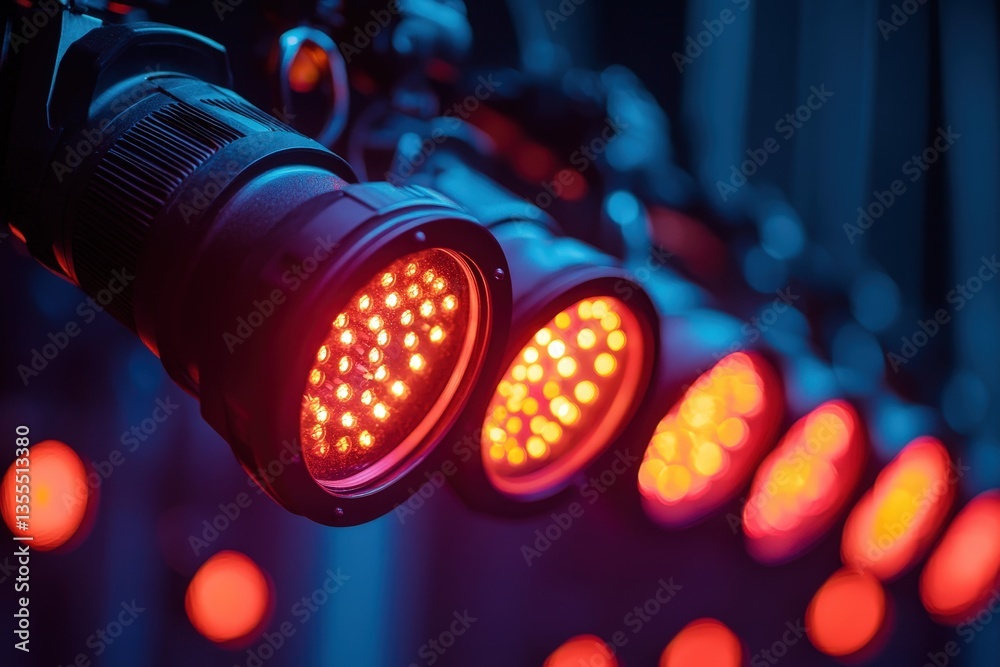 Aufkleber lighting equipment illuminates a dynamic stage setup in a performance venue with vibrant red and ora