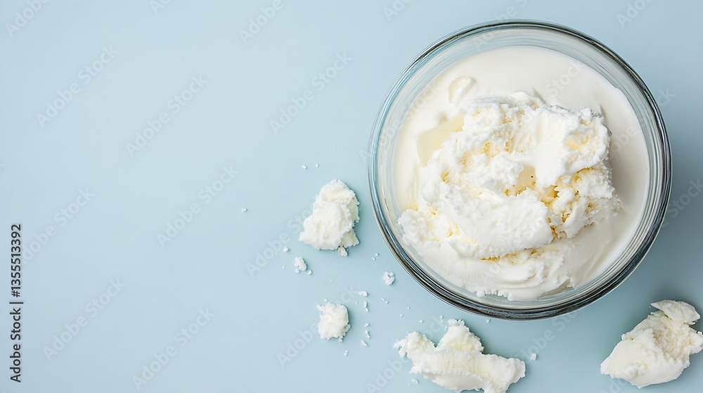 Poster fresh creamy soft cheese displayed elegantly in a glass bowl on a light background : generative ai