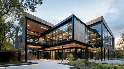 Fototapeta premium Modern architectural design of a glass and wood building nestled among trees in a natural setting : Generative AI