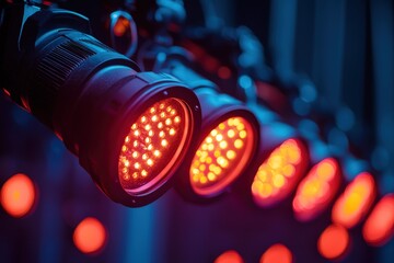 Lighting equipment illuminates a dynamic stage setup in a performance venue with vibrant red and orange hues during an evening event