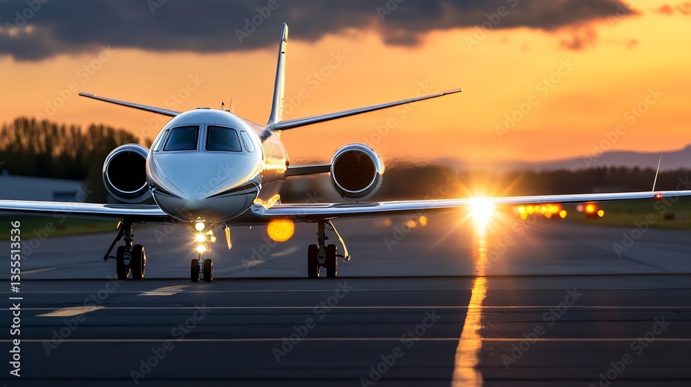 Poster luxurious private jet on the runway with golden sunset background : generative ai