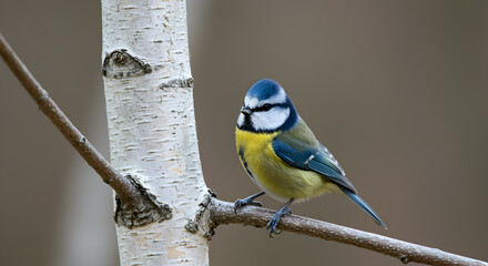 _Eurasian_Blue_Tit_Perching_on_Birch_Branch_in_Natural