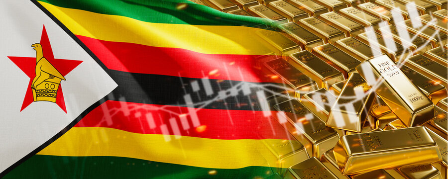 Gold bars with Zimbabwe flag. Chart simply precious metals stocks. National foreign-exchange reserve banking economy system. Golden reserve. 3d image