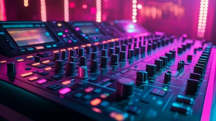 Close-up of a professional audio mixing console in vibrant pink and blue light.