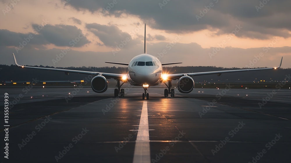 Poster commercial airliner taxiing at twilight before takeoff highlighting aircraft features and airport se