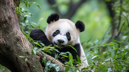 Obraz premium Playful giant panda resting on a tree branch surrounded by lush green foliage in its natural habitat : Generative AI