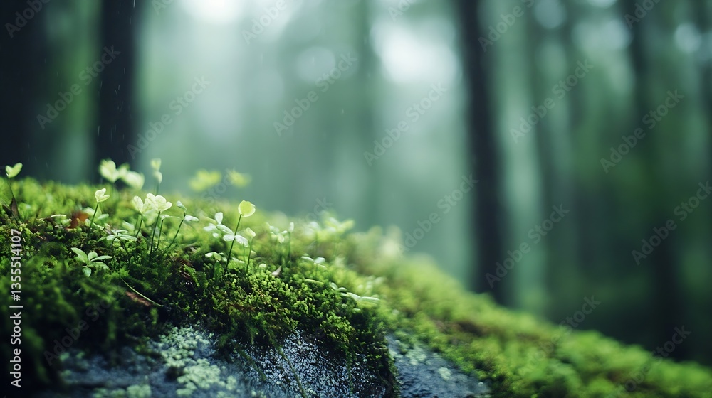 Poster lush green moss covering a rock with gentle rain falling in a tranquil forest setting : generative a