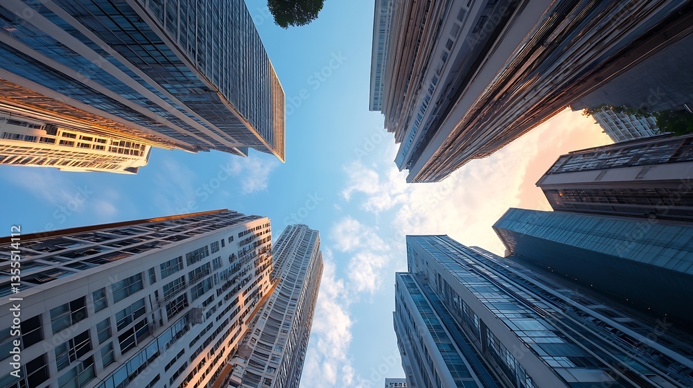 Poster stunning perspective of towering skyscrapers reaching towards the sky creating an impressive urban l