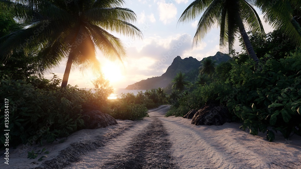 Poster serene path leading through tropical trees towards a stunning sunset over a coastal mountain view : 