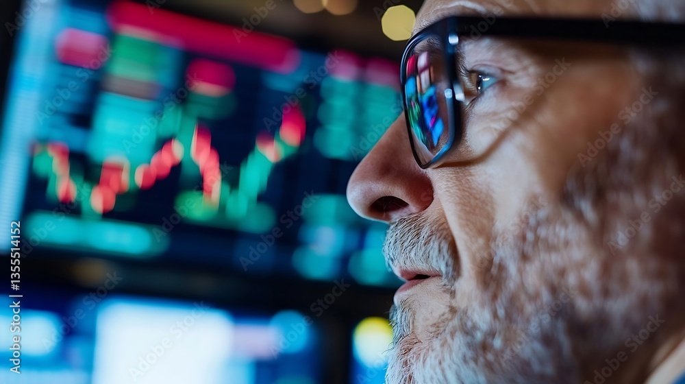Leinwandbilder close up of an elderly man's profile with glasses looking at financial data on screens in a trading 