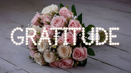 Elegant bouquet illuminated GRATITUDE lettering stylish romantic floral design
