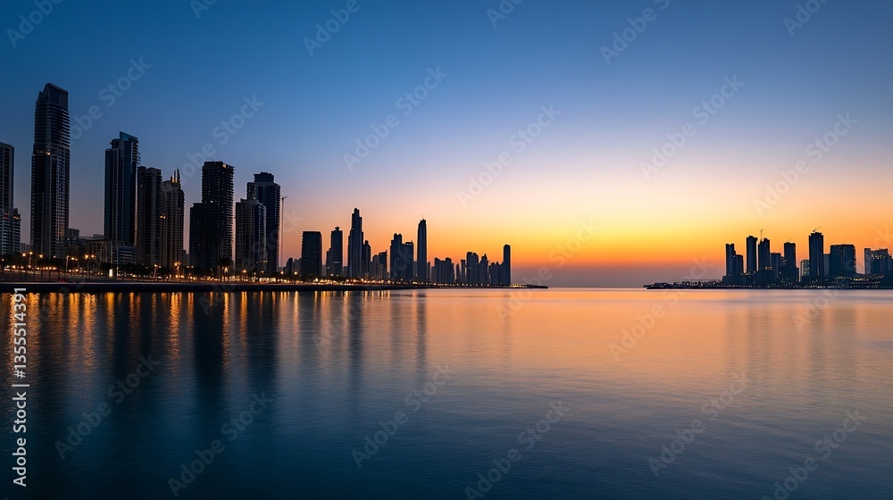 Poster stunning skyline view at sunset with reflections over calm water creating a serene vibe : generative