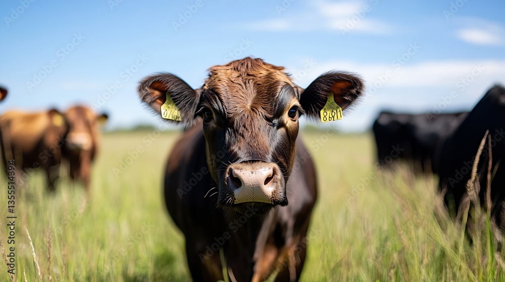 Poster curious brown cow gazing directly at the camera in a lush green field : generative ai