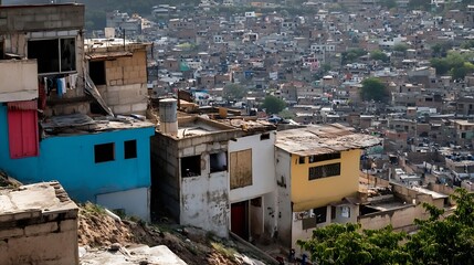 Fototapeta premium View of makeshift homes overlooking a crowded city with buildings and hills in the background : Generative AI