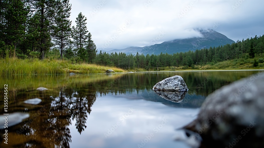 Poster Serene View of a Mountain Reflection in a Calm Lake Surrounded by Lush Green Forests : Generative AI