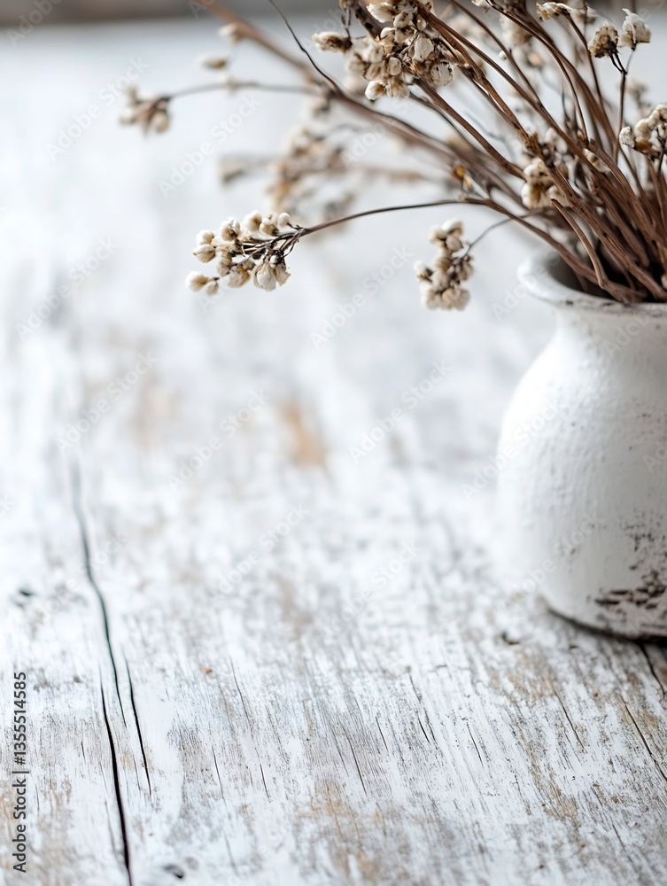Aufkleber rustic white vase with dried flowers on an old wooden table in a serene environment : generative ai