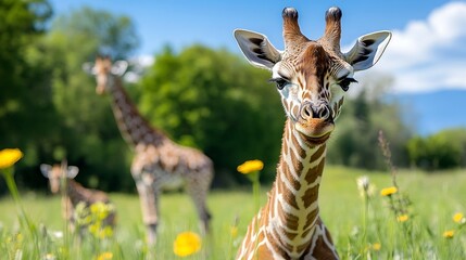 A playful giraffe standing among vibrant wildflowers on a sunny day in a lush green field : Generative AI © Generative AI