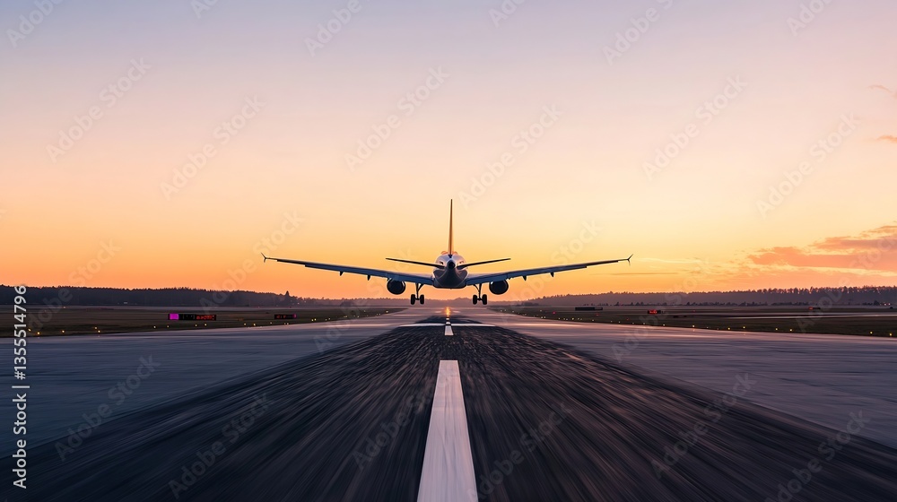 Poster commercial airplane taking off on a runway with colorful sunset in the background : generative ai