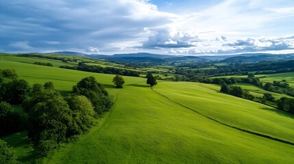 Fototapeta premium Aerial View of Lush Green Hills and Trees Underneath a Beautiful Blue Sky with Clouds : Generative AI