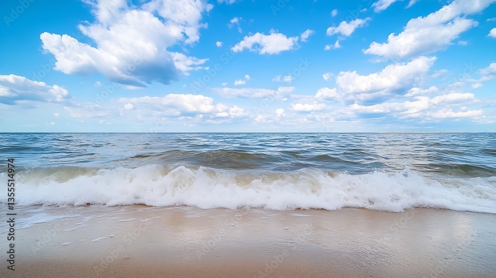 Poster serene ocean view with majestic clouds and gentle waves on sandy shore under bright blue sky : gener