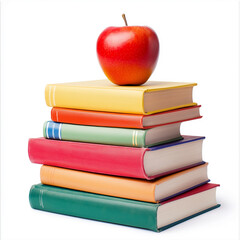 stack of colorful books with red apple, Isolated on white Background.