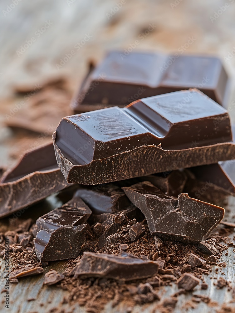 Poster luxurious dark chocolate pieces artistically arranged on a rustic wooden surface with cocoa flakes :