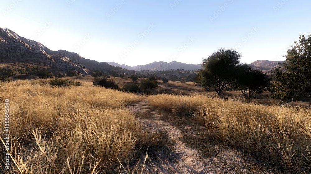 Poster idyllic winding path through dry golden fields leading towards distant mountain ranges under blue sk