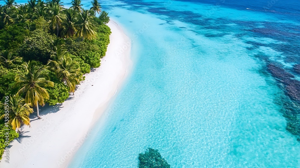 Aufkleber aerial view of a pristine tropical beach with crystal clear water and lush green palm trees : genera
