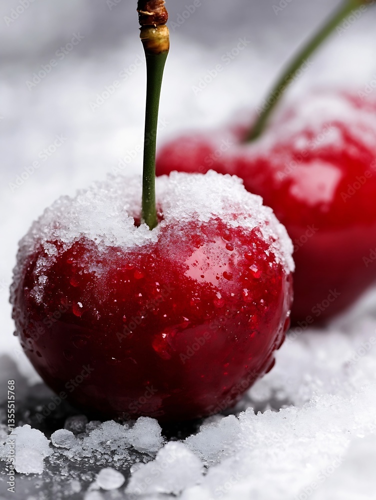 Poster Fresh juicy cherries covered in a delicate layer of ice and snow creating a fresh winter feeling : Generative AI