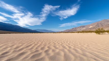 Expansive view of rippling sand dunes under a vivid blue sky with soft wispy clouds in a vast desert landscape : Generative AI